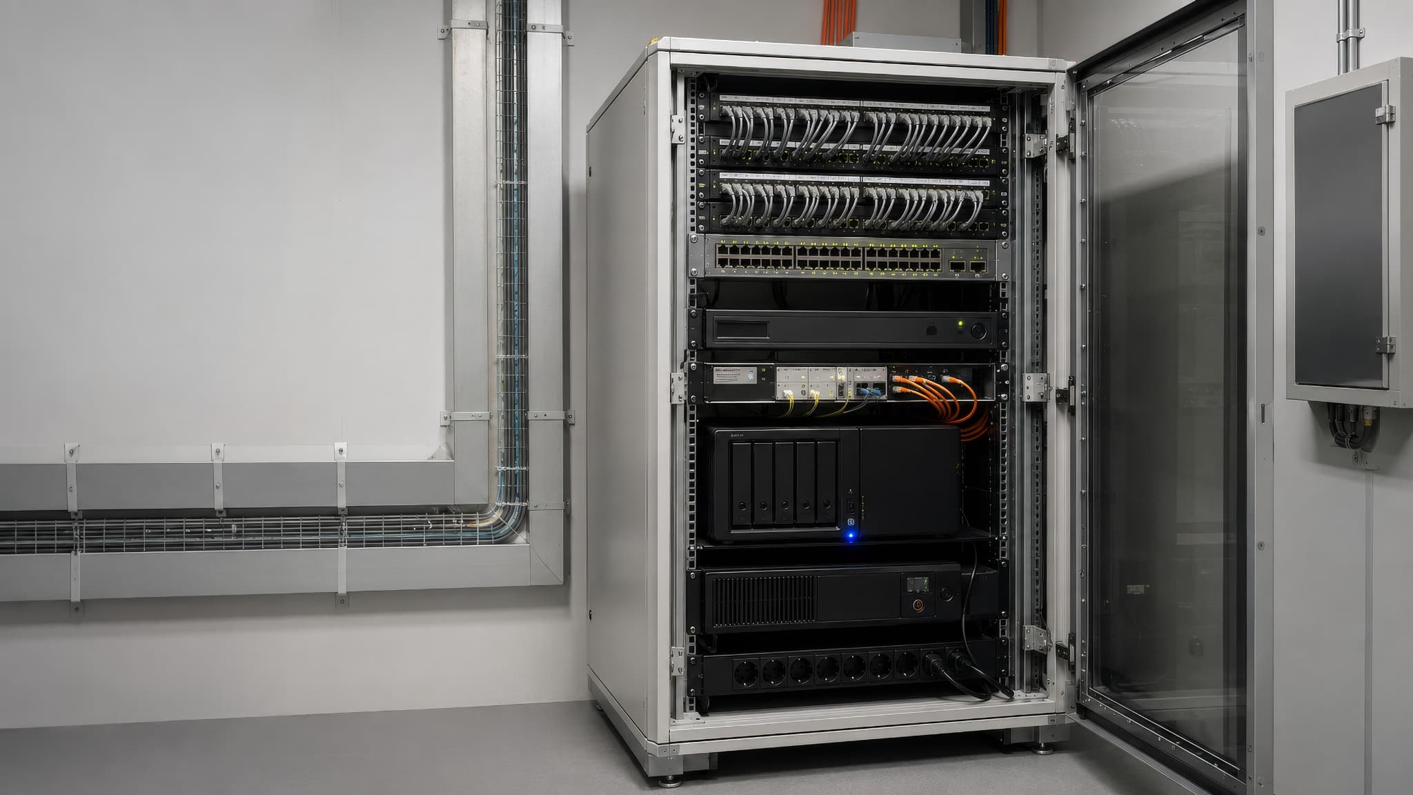 Geöffneter Netzwerkschrank mit strukturierter Verkabelung und Servertechnik