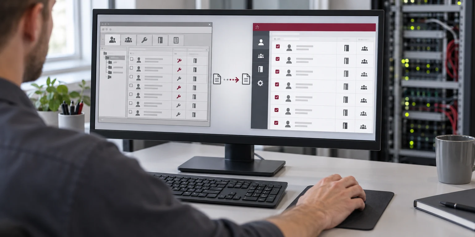 KI-Illustration: Techniker am Monitor mit zwei symbolischen Zutrittsverwaltungen und einem Datenübertragungspfeil