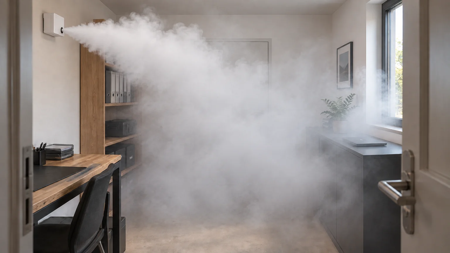 KI-Beispielszenario: Aus einem wandmontierten Nebelgerät tritt weißer Nebel aus; Tür, Regale und ein Schrank werden zunehmend verdeckt.