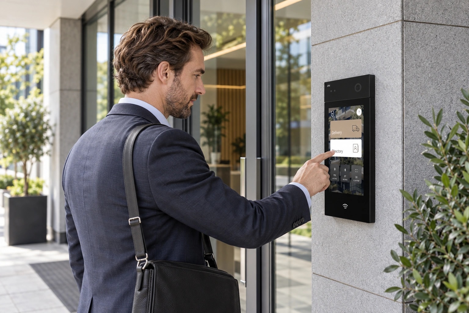 Illustrative Eingangsszene: Besucher an einer 2N Türsprechanlage mit Touchdisplay
