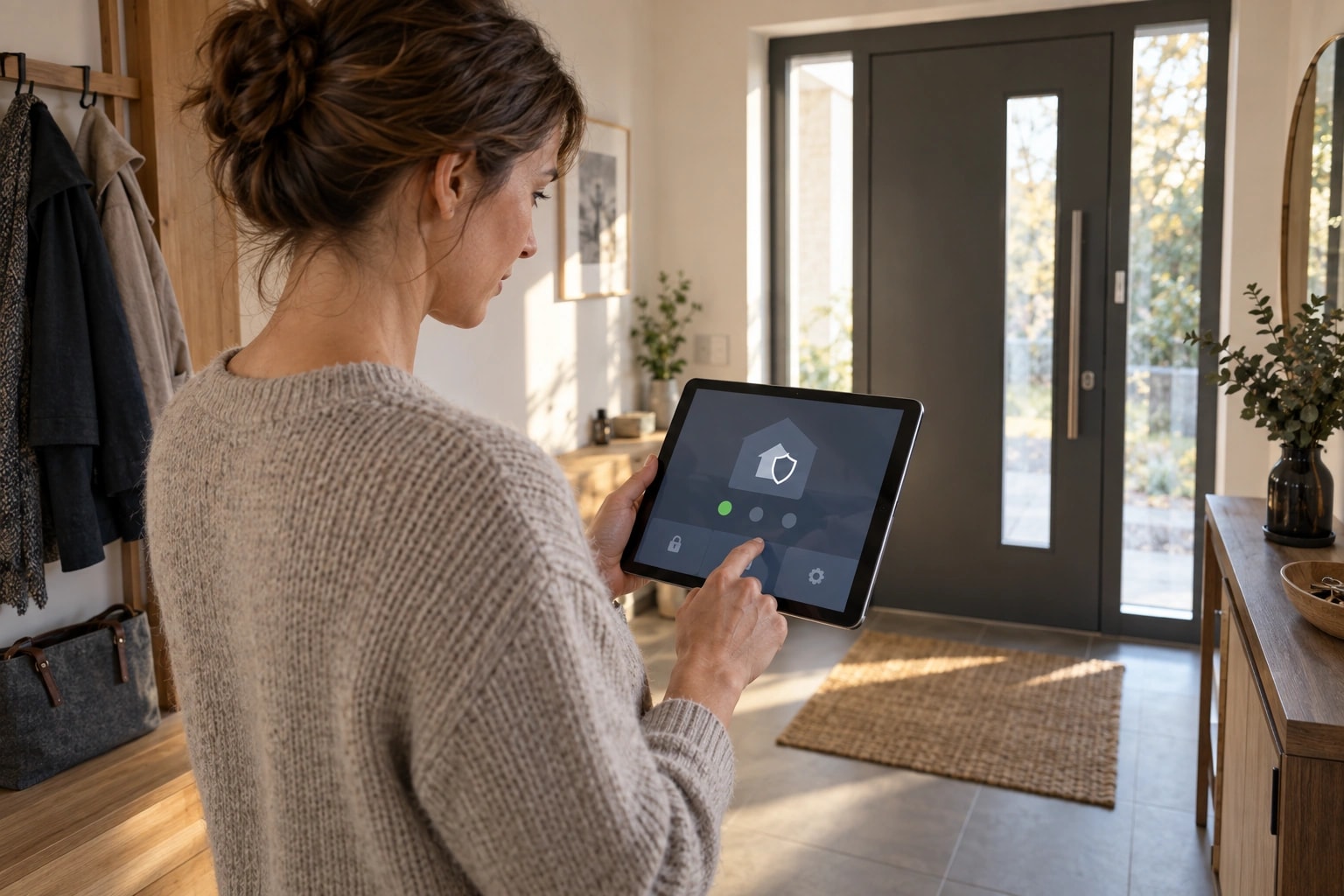 Illustrative Bedienungsszene: Eine Frau nutzt ein Tablet im Flur ihres Wohnhauses; die Oberfläche zeigt ein allgemeines Bedienprinzip.