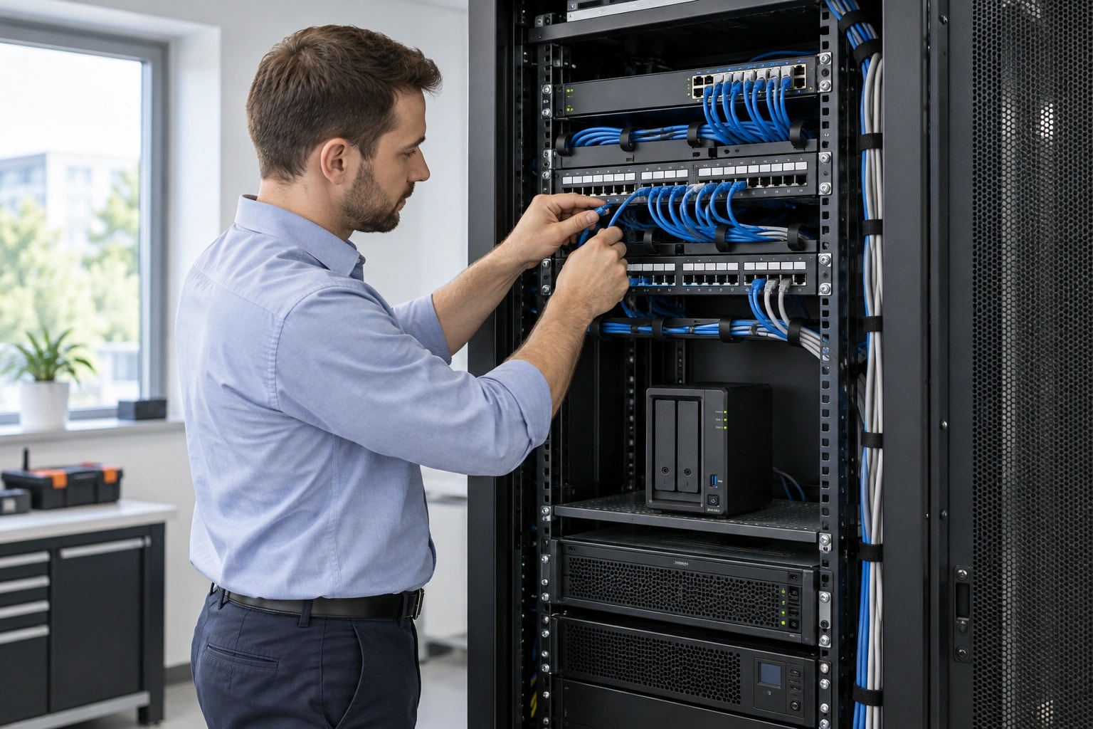 Illustrative Wartungsszene: Ein Techniker arbeitet an der Netzwerkverkabelung eines Racks mit Synology-Gerät.