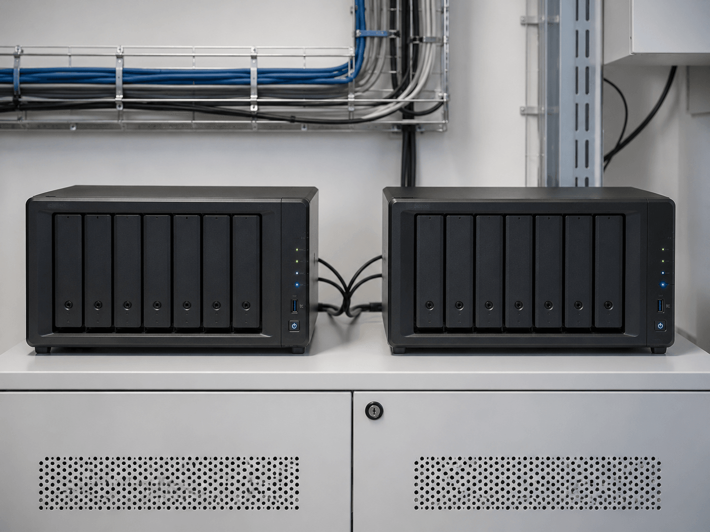 Zwei Synology NAS-Systeme nebeneinander für Backup, Wiederherstellung und private Cloud
