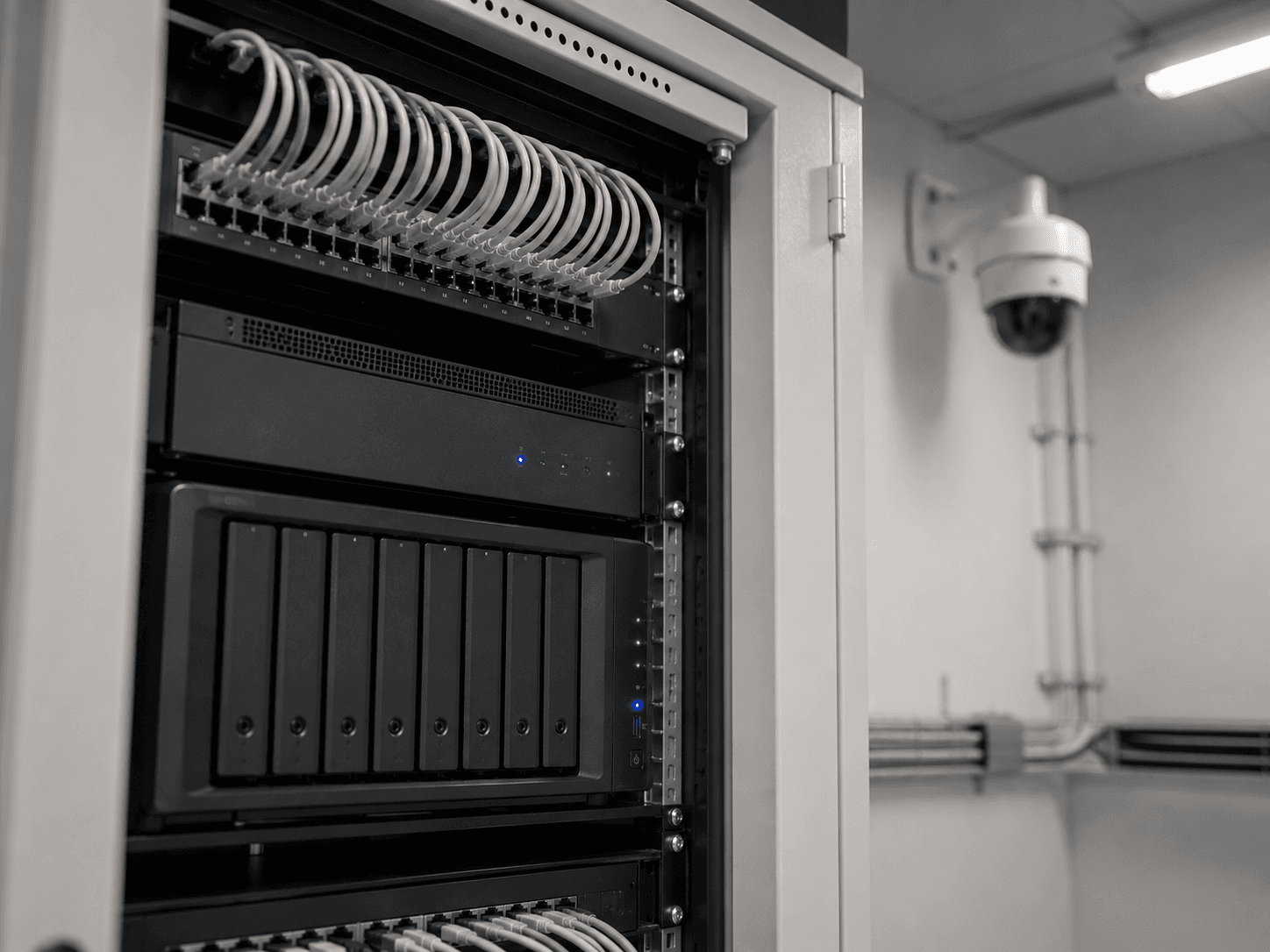 Synology NAS im Netzwerkschrank mit Überwachungskamera für Surveillance Station
